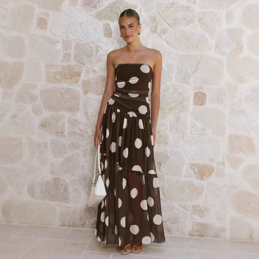 Goods Summer Polka Dot Print Wrapped Chest off Shoulder Mesh Maxi Dress