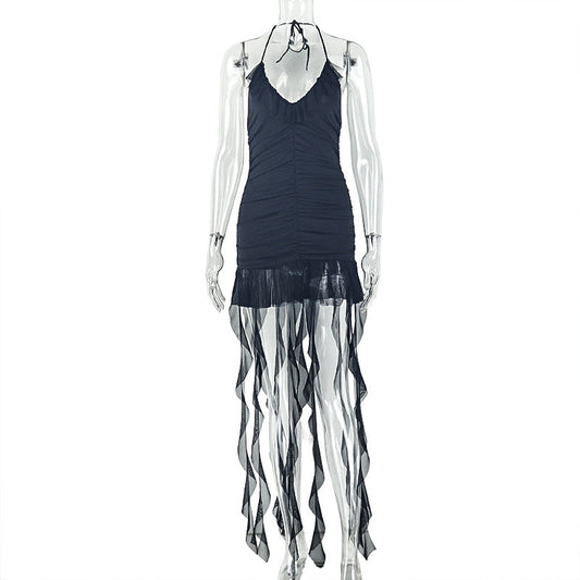 Elegant Women Clothing Sexy Waist Trimming Halter Hip Dress V neck Solid Color Short Dress