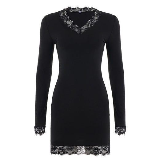 Sexy Lace Stitching V neck Long Sleeve Dress Women Elegant Slim Bottoming Solid Color Dress