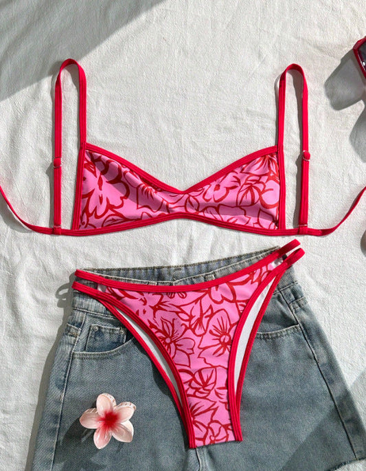 Ladies Bikini Two Piece Set Red Floral Summer Women Beach Split Swimsuit