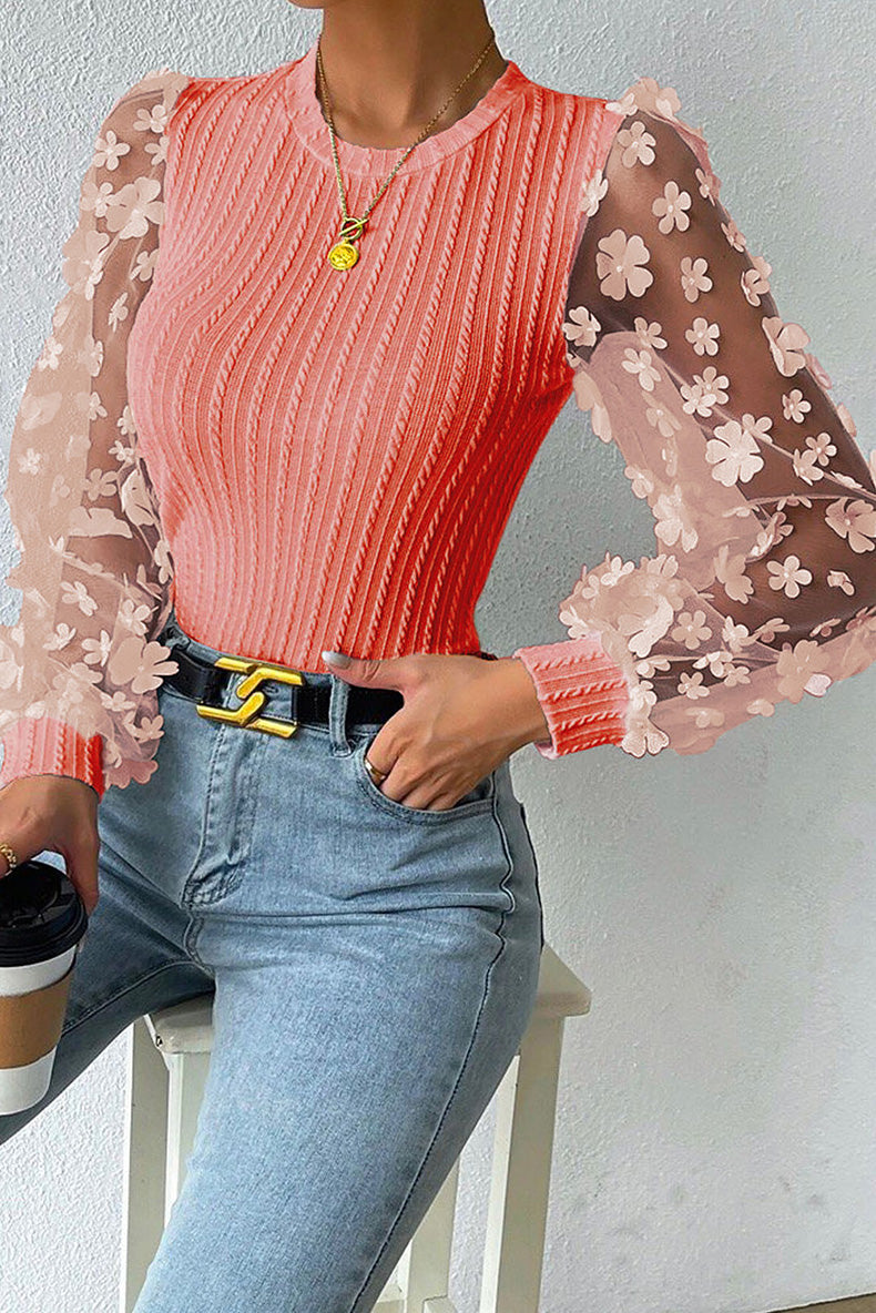 Women Fashion Blouse Mesh Long Sleeves Small Flower