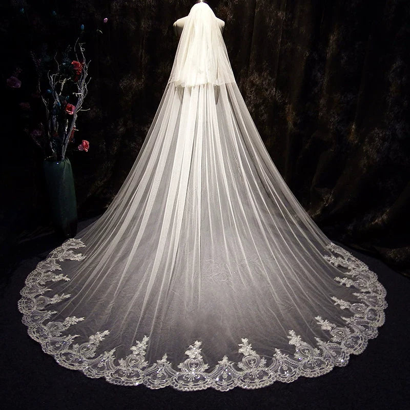 Super Long Tail White Lace Premium Wedding Veil