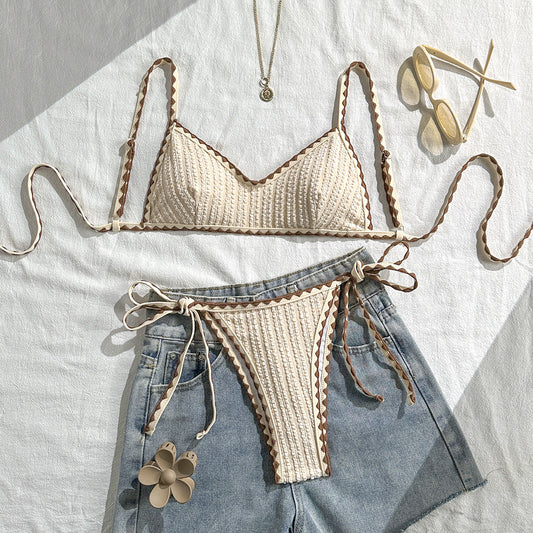 Texture Bikini Women Contrast Color Lace up Split Swimwear Swimsuit Bikini