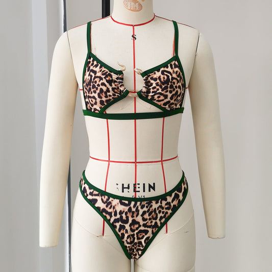 High Slit Low Waist Briefs Bikini Sexy Leopard Print Hollow Out Cutout out Strap Split Swimsuit Women Bikini