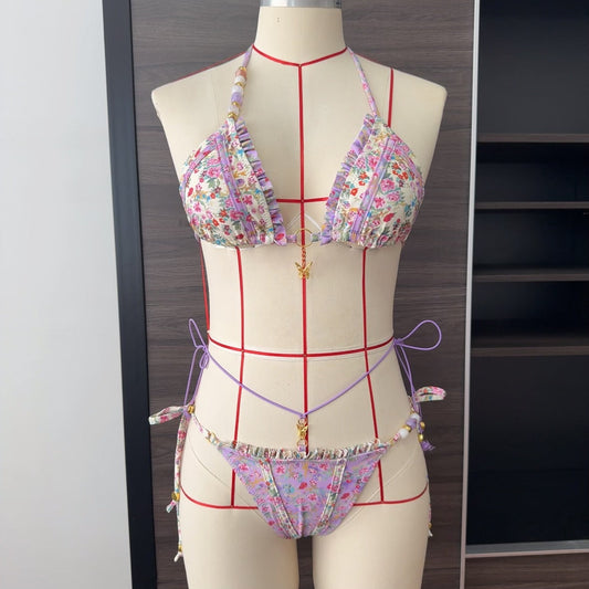 Multicolor Printing Bikini Butterfly Sexy Lace up Split Swimsuit Women Wear Beads Accessories