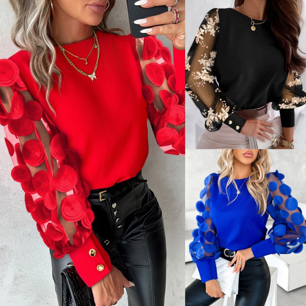 Women's Fashion Chiffon Blouse Round Neck Petals Mesh See-through Long Sleeves