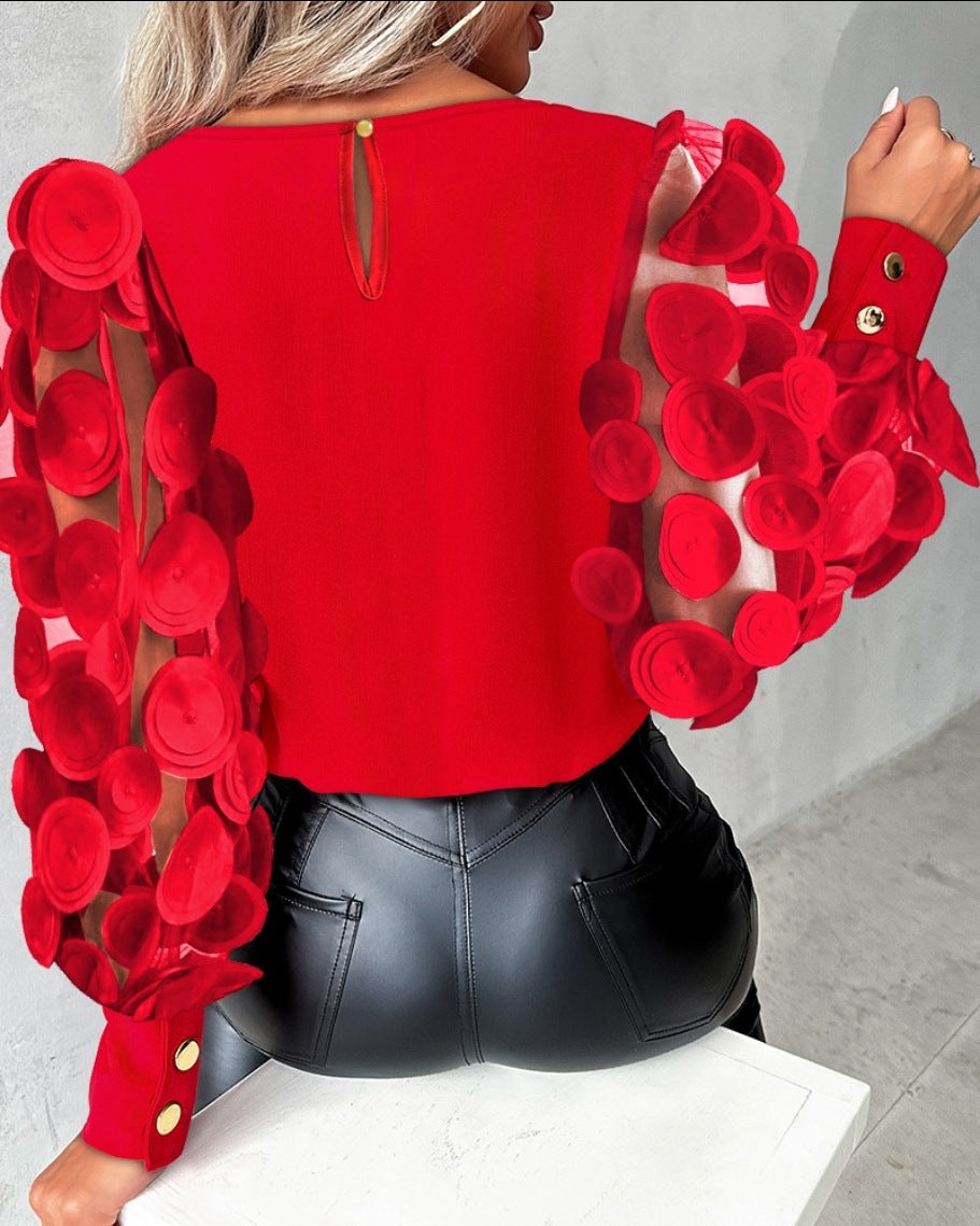 Women's Fashion Chiffon Blouse Round Neck Petals Mesh See-through Long Sleeves