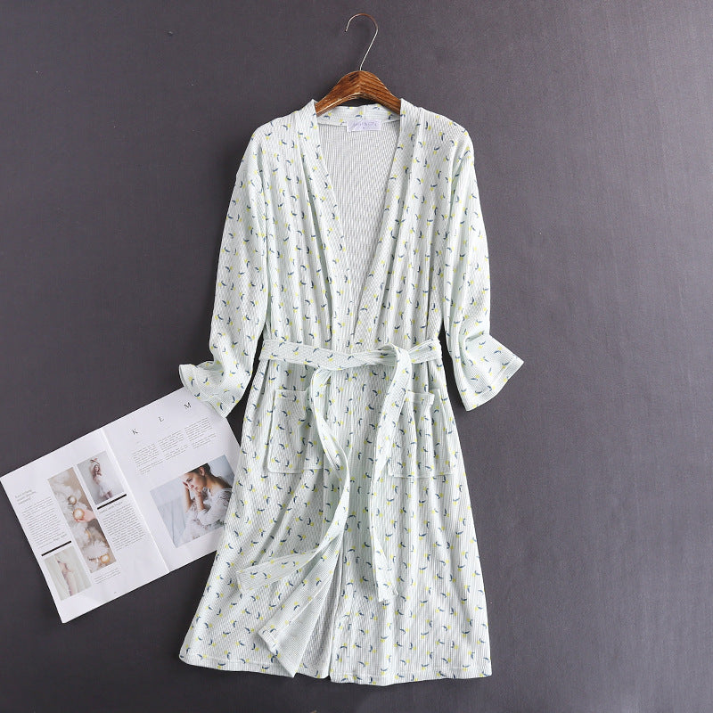 Spring and Autumn Cotton Waffle Kimono Bathrobe