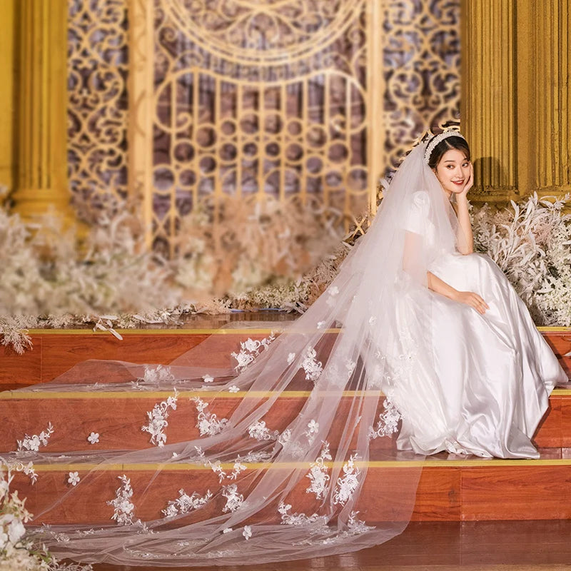 Super Long Tail White Lace Premium Wedding Veil