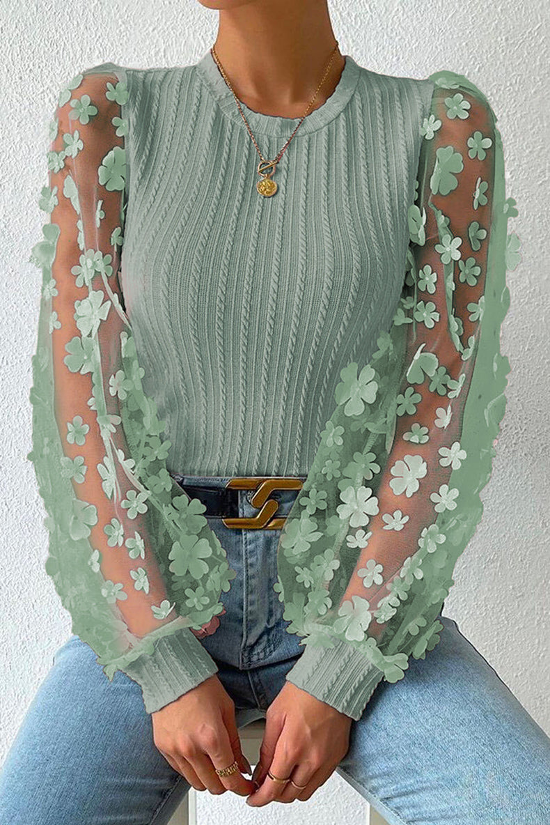 Women Fashion Blouse Mesh Long Sleeves Small Flower