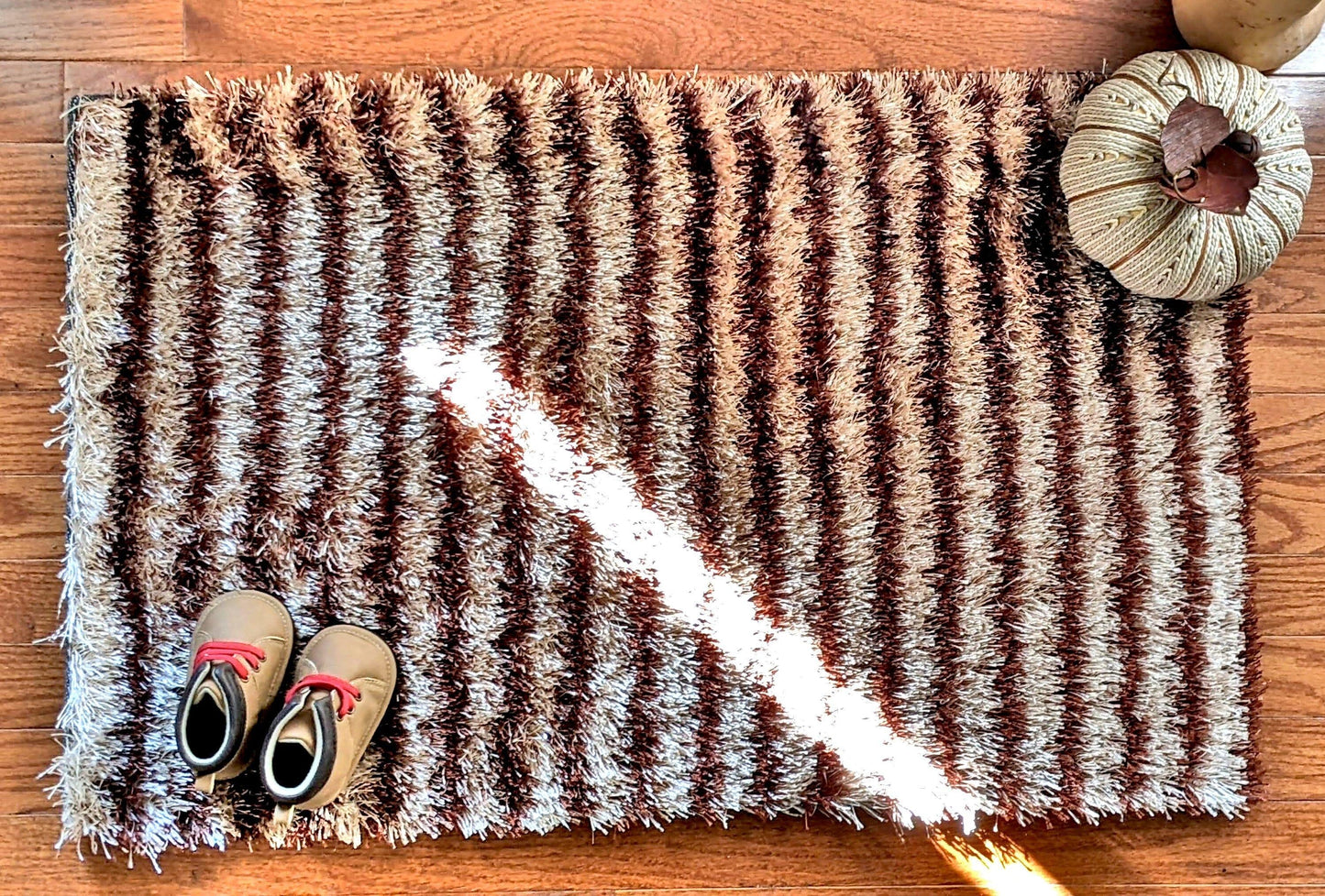 DaDa Bedding Shaggy Soft Door Mat Carpet Rug - 20" x 32" Striped Shiny Coffee Light Beige / Dark Brown