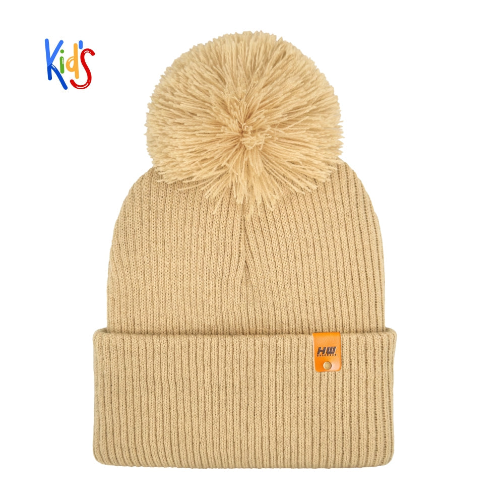 Traditional Pom Pom Kids Knit Beanie, Cuffed Winter Beanie