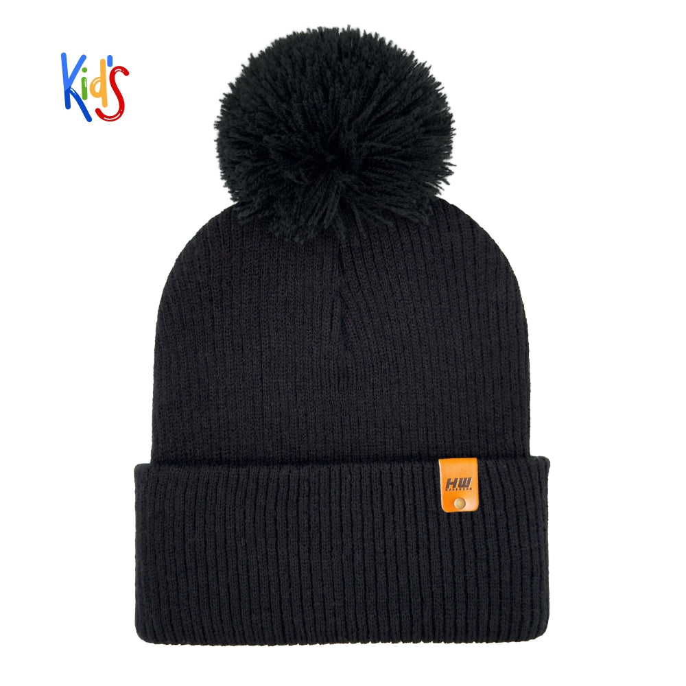 Traditional Pom Pom Kids Knit Beanie, Cuffed Winter Beanie