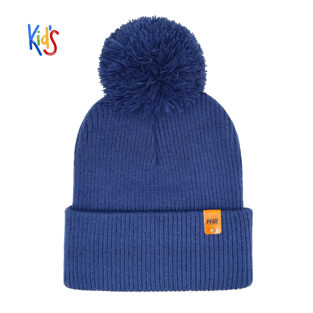 Traditional Pom Pom Kids Knit Beanie, Cuffed Winter Beanie