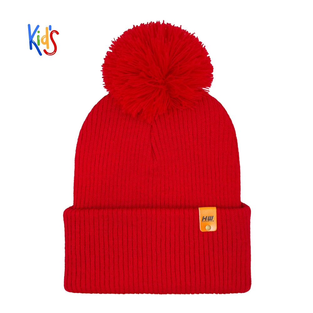 Traditional Pom Pom Kids Knit Beanie, Cuffed Winter Beanie