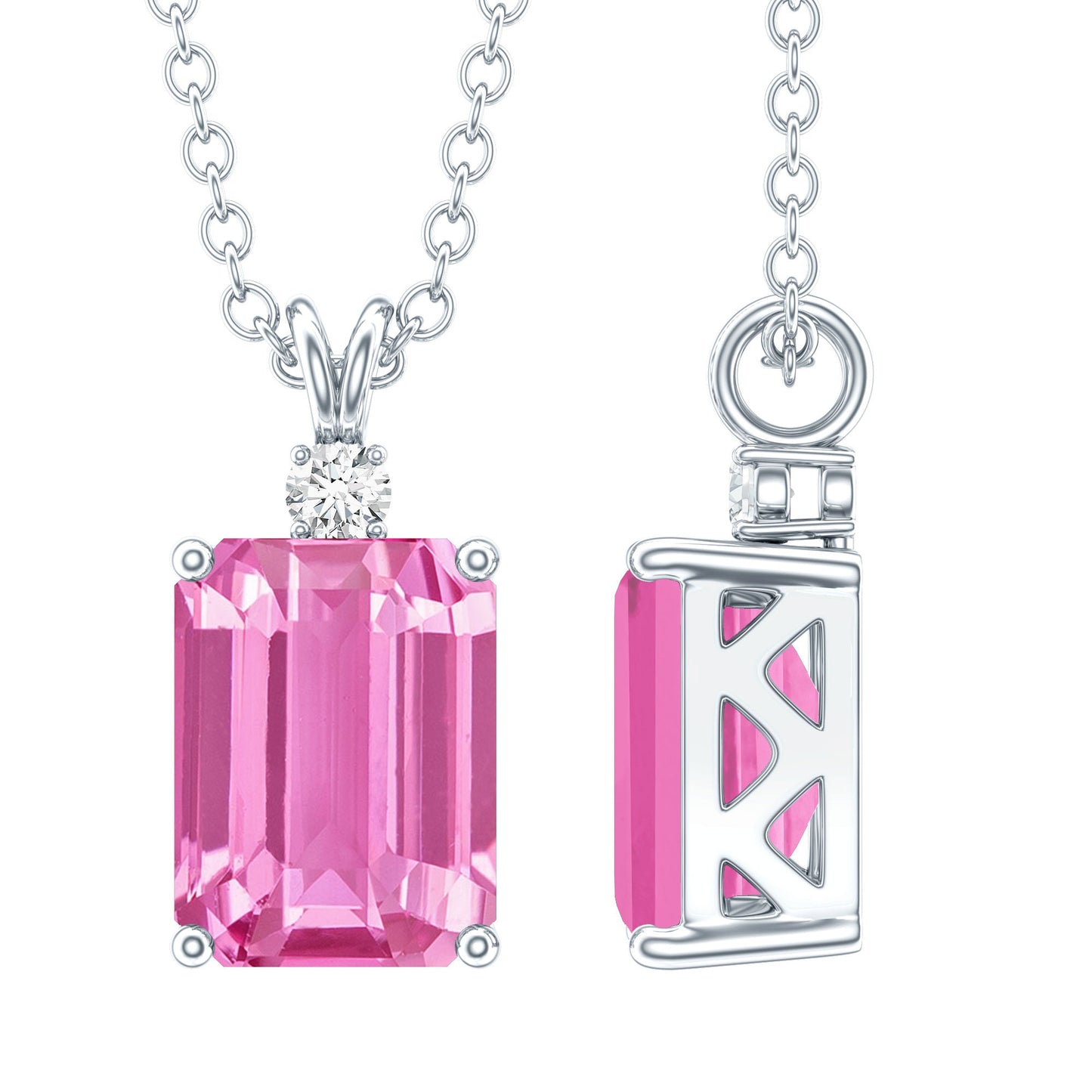 Emerald Cut 1.75 Carat Lab Grown Pink Sapphire Solitaire Necklace with Diamond