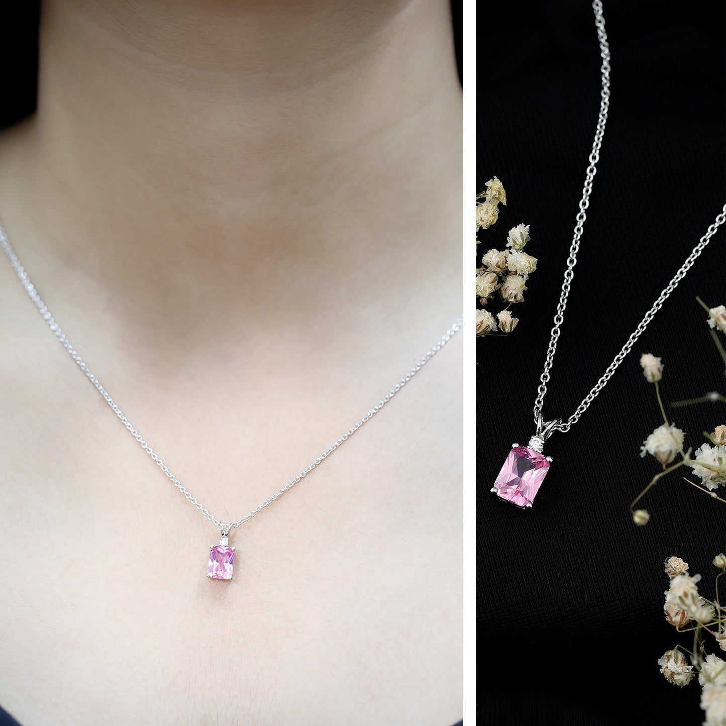 Emerald Cut 1.75 Carat Lab Grown Pink Sapphire Solitaire Necklace with Diamond