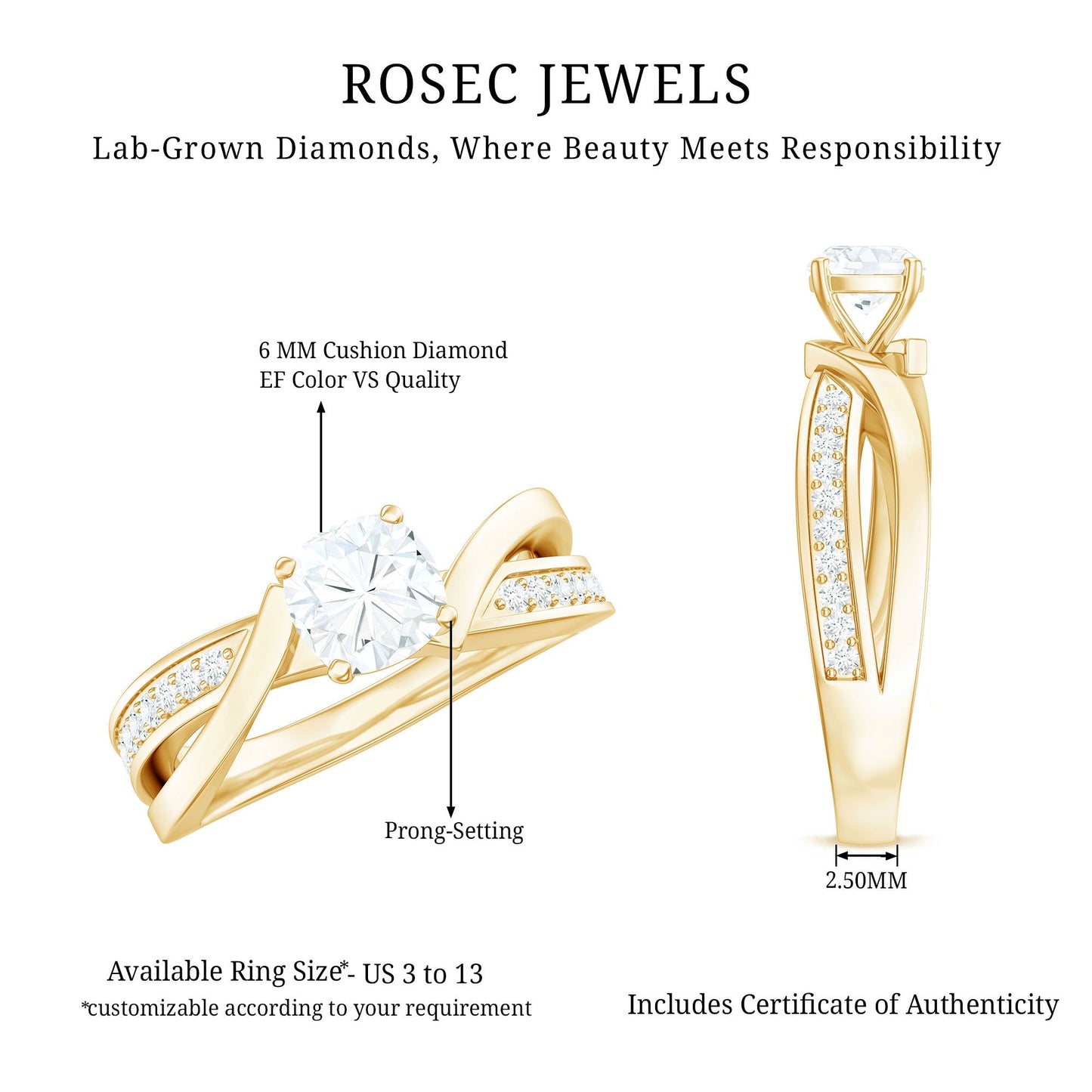 Cushion Cut Diamond Infinity Solitaire Ring with Side Stones