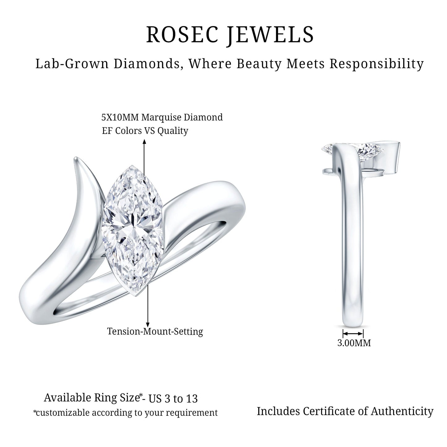 Lab Diamond 5X10 MM Marquise Engagement Ring in Tension Mount Setting