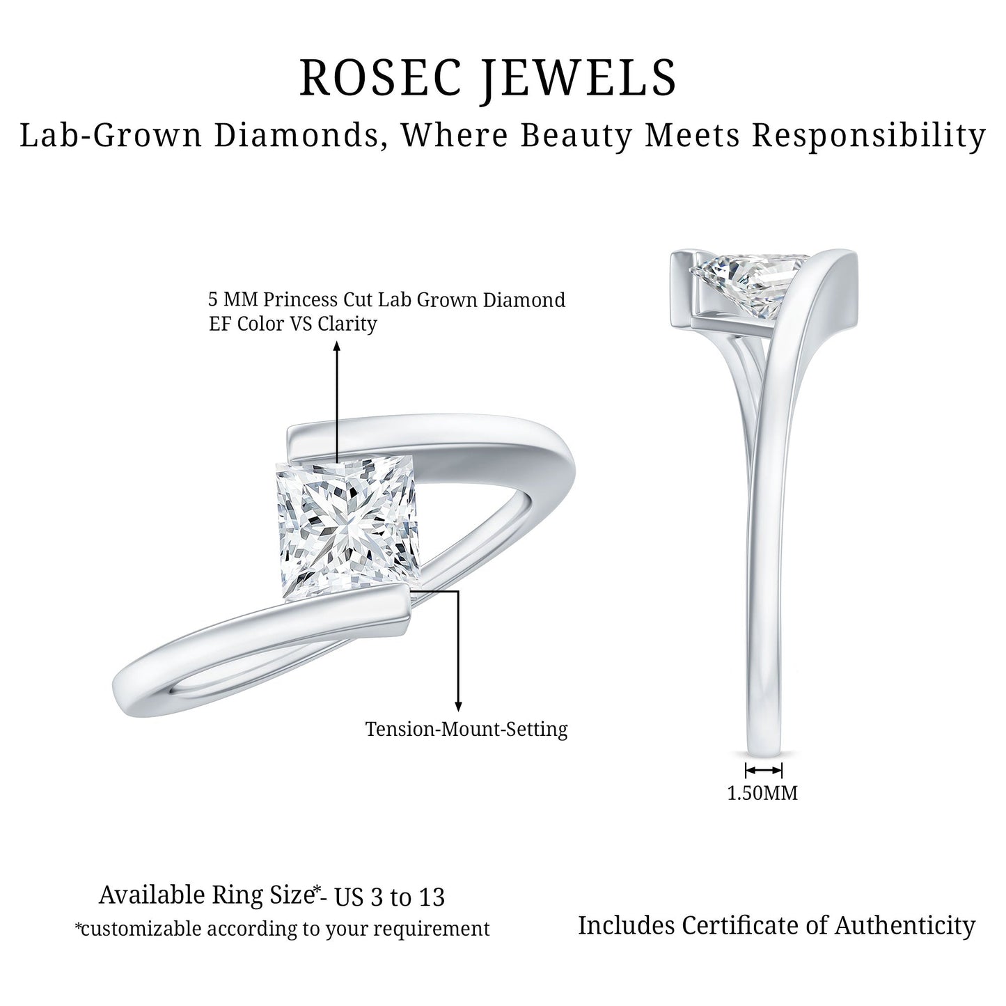 5 mm Princess Cut Lab Grown Diamond Ring With Tension Setting