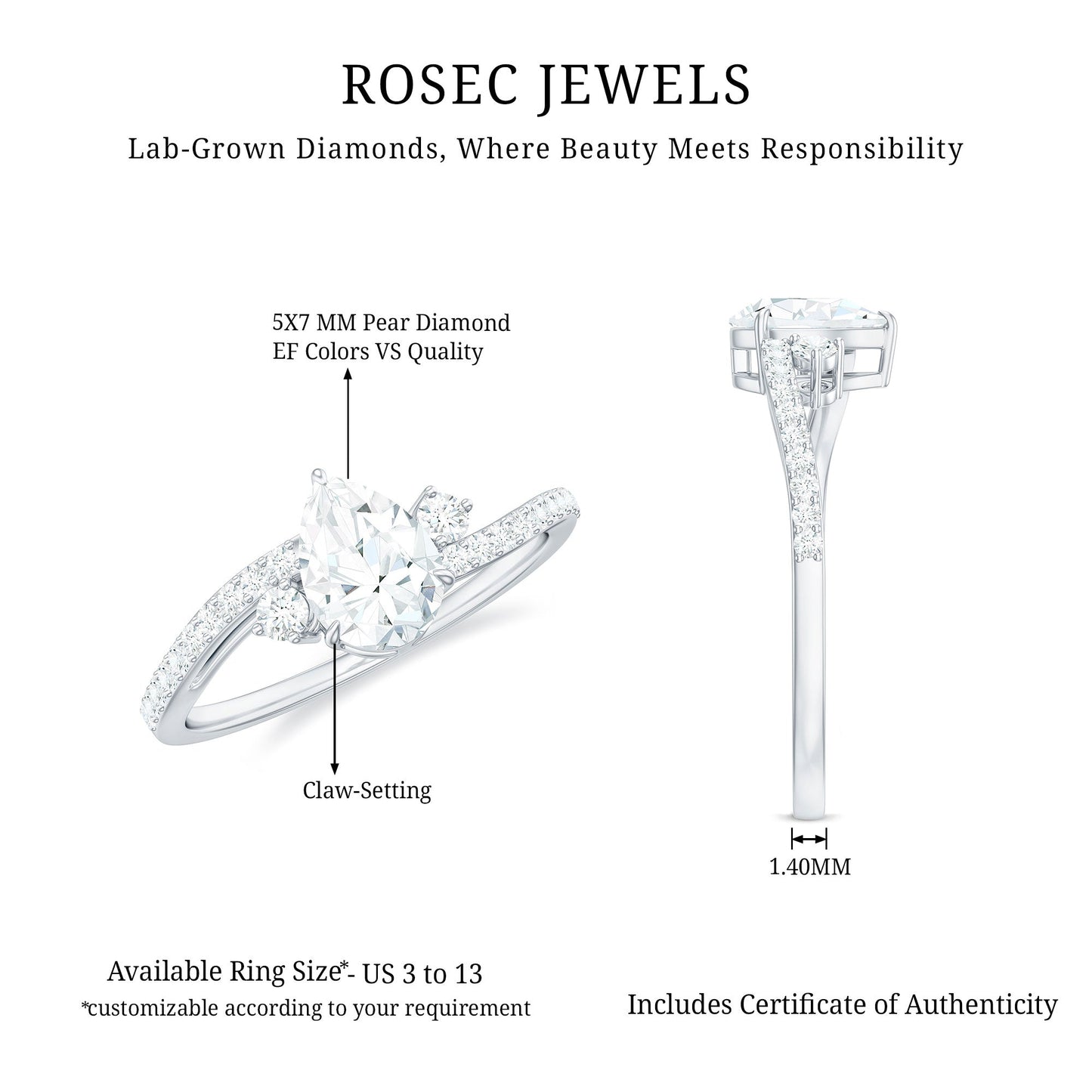 Pear Lab Created Diamond Engagement Bypass Ring for Her