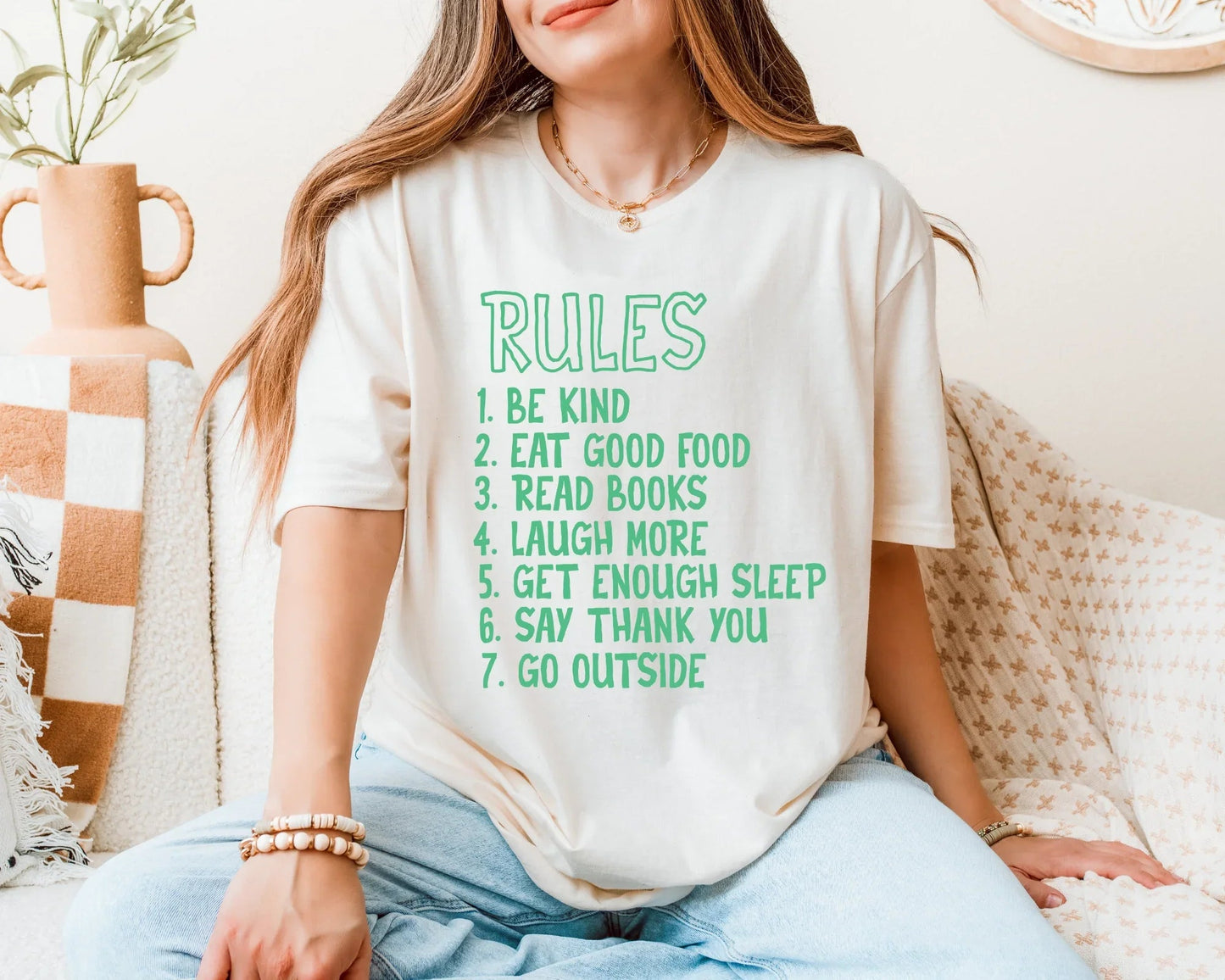 Rules T-Shirt for Women, Inspirational Quote Tee, Positive Vibes Graphic Tee, Be Kind Eat Good Food Read Books Shirt, Self Care Gift, Cozy Daily Reminder Tee