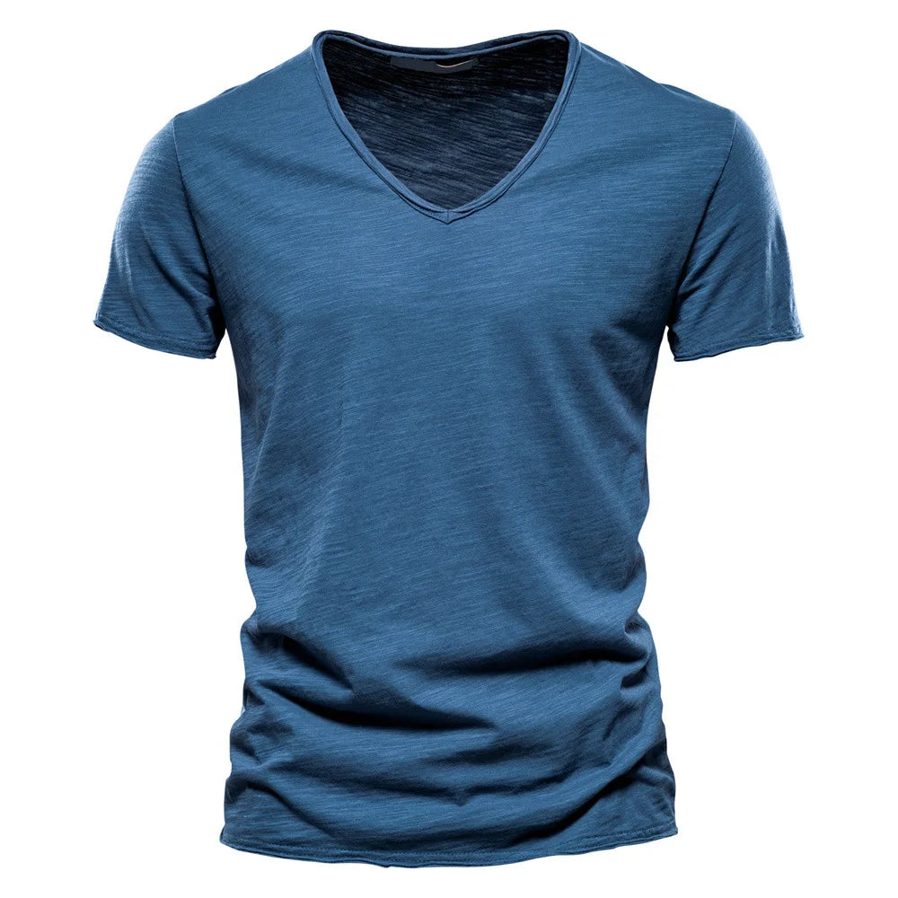 S-5XL 100% Cotton Men's T-Shirts Fashion Design V-neck Casual Slim Fit