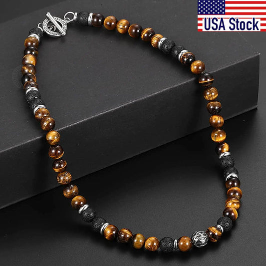 Natural Stone Tiger Eyes Lava Bead Men's Necklace Stainless Steel Beaded 8mm 18/20inch