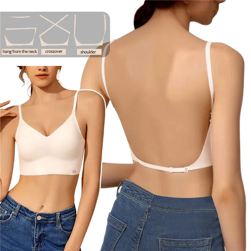 Women Invisible Seamless Push Up Bra Backless Low Cut Plunge Brassiere