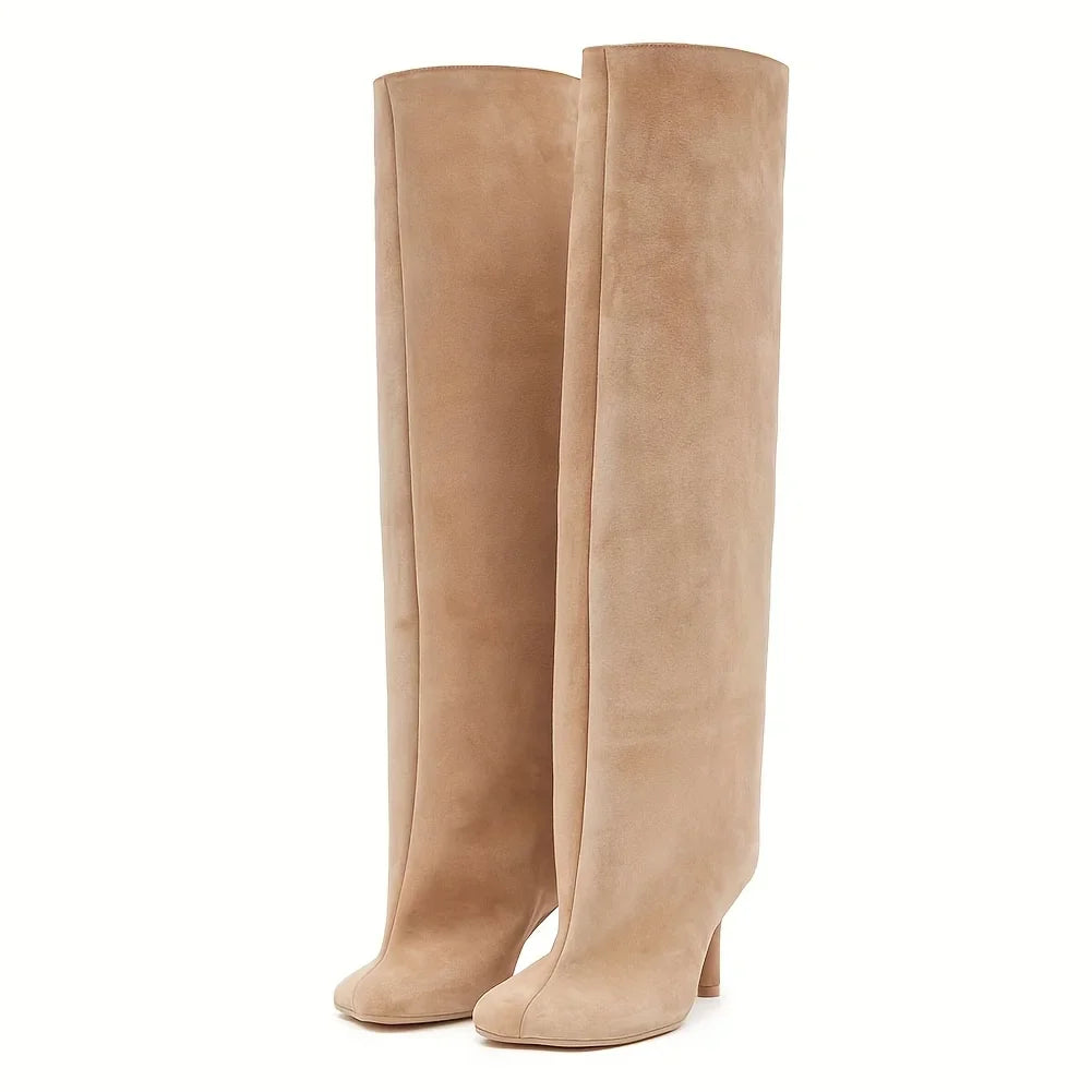 Women's Suede Knee High Boots Fashion Square Toe Stiletto Thin High Heels Pull On