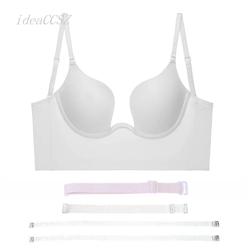 Women Sexy Invisible Bra with Transparent Strap Deep U Plunge Bras Backless