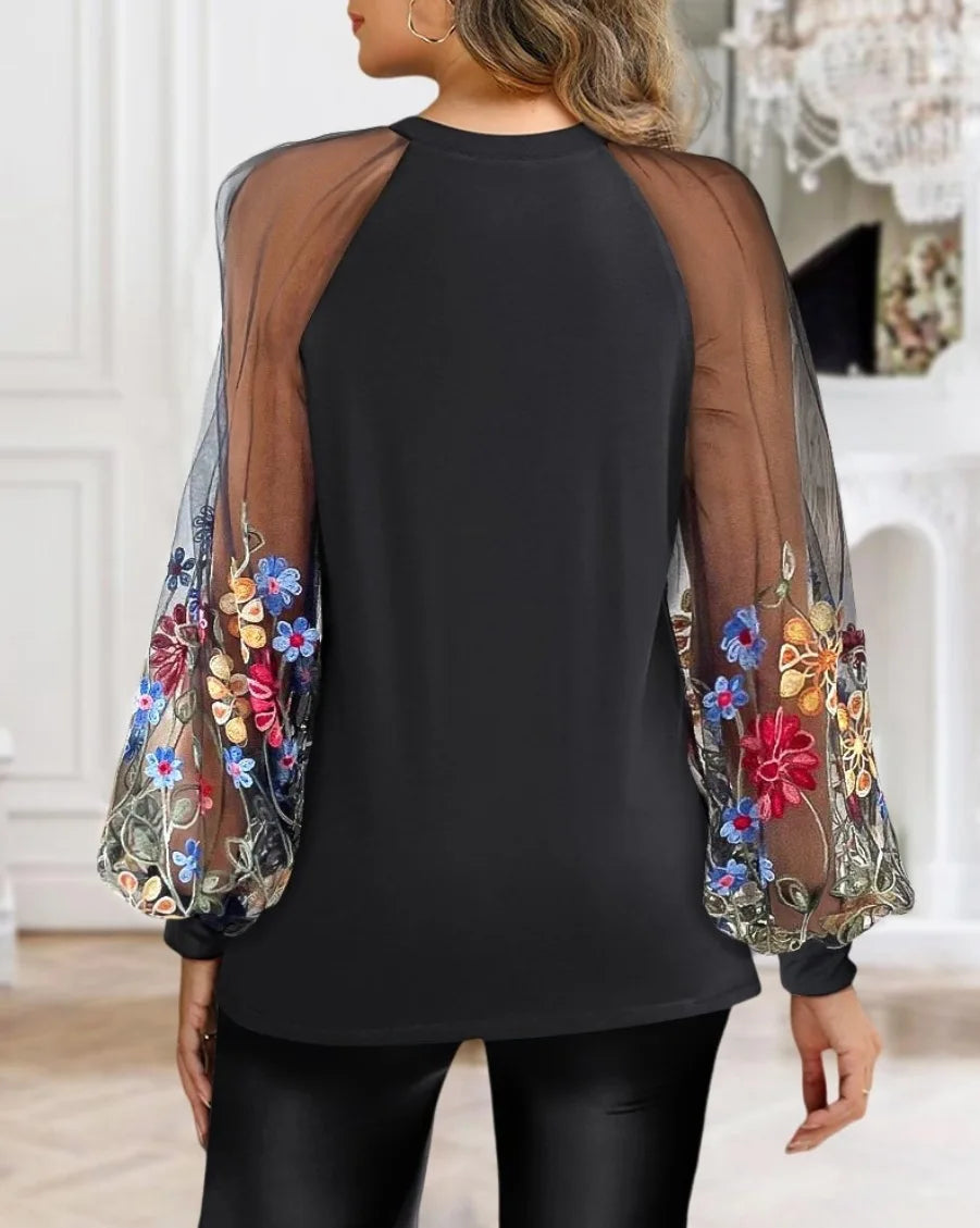 Women Fashion Mesh long Sleeve Round Neck Loose Blouse