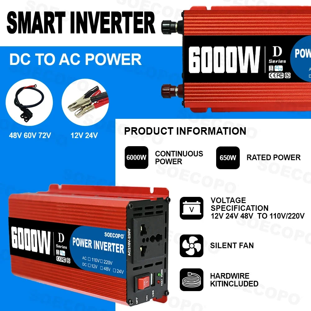 SOECOPO 6000W System Complete Kit 500W Panel Solar DC 12V to AC 110V/220V Inverter 100A Controller Off-Grid for Home Camping