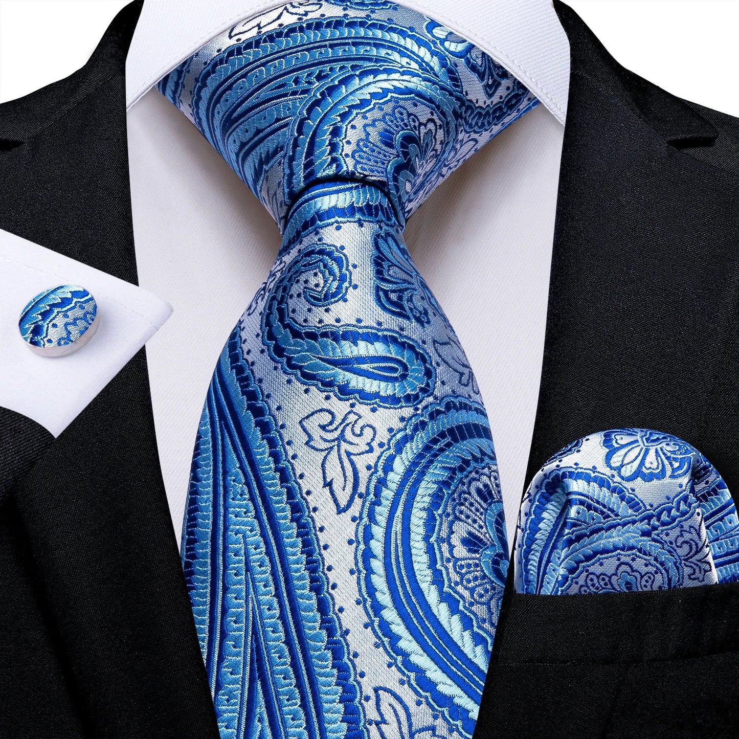 New Classic 100% Silk Men's Ties 8cm Blue Plaid Dot Striped Business Necktie Handkerchief Wedding Party Tie Set
