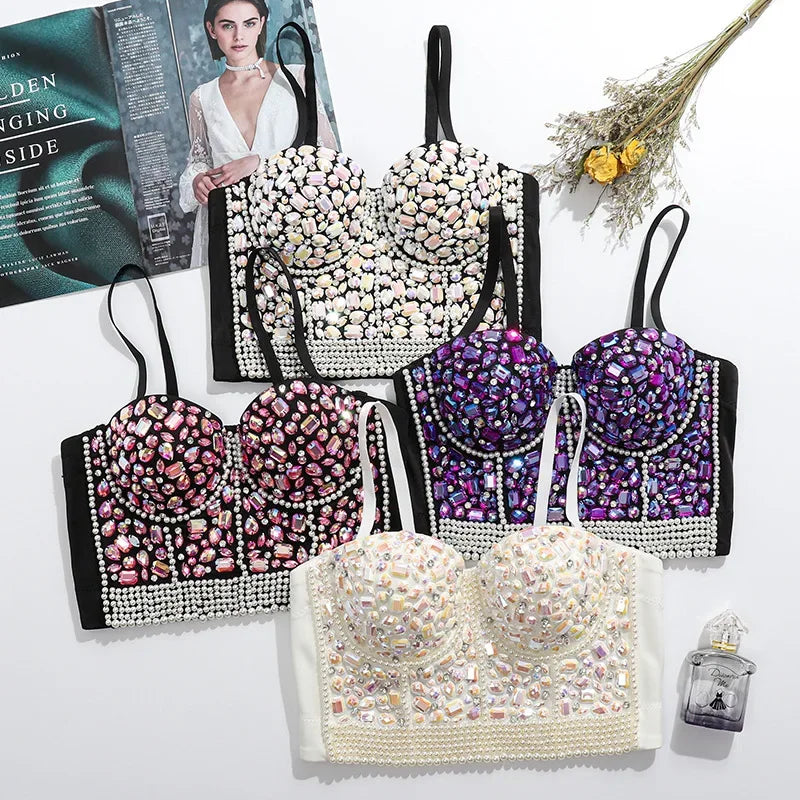 Women Rhinestone Diamond Tank Top Push Up Bustier Camisole Sequin