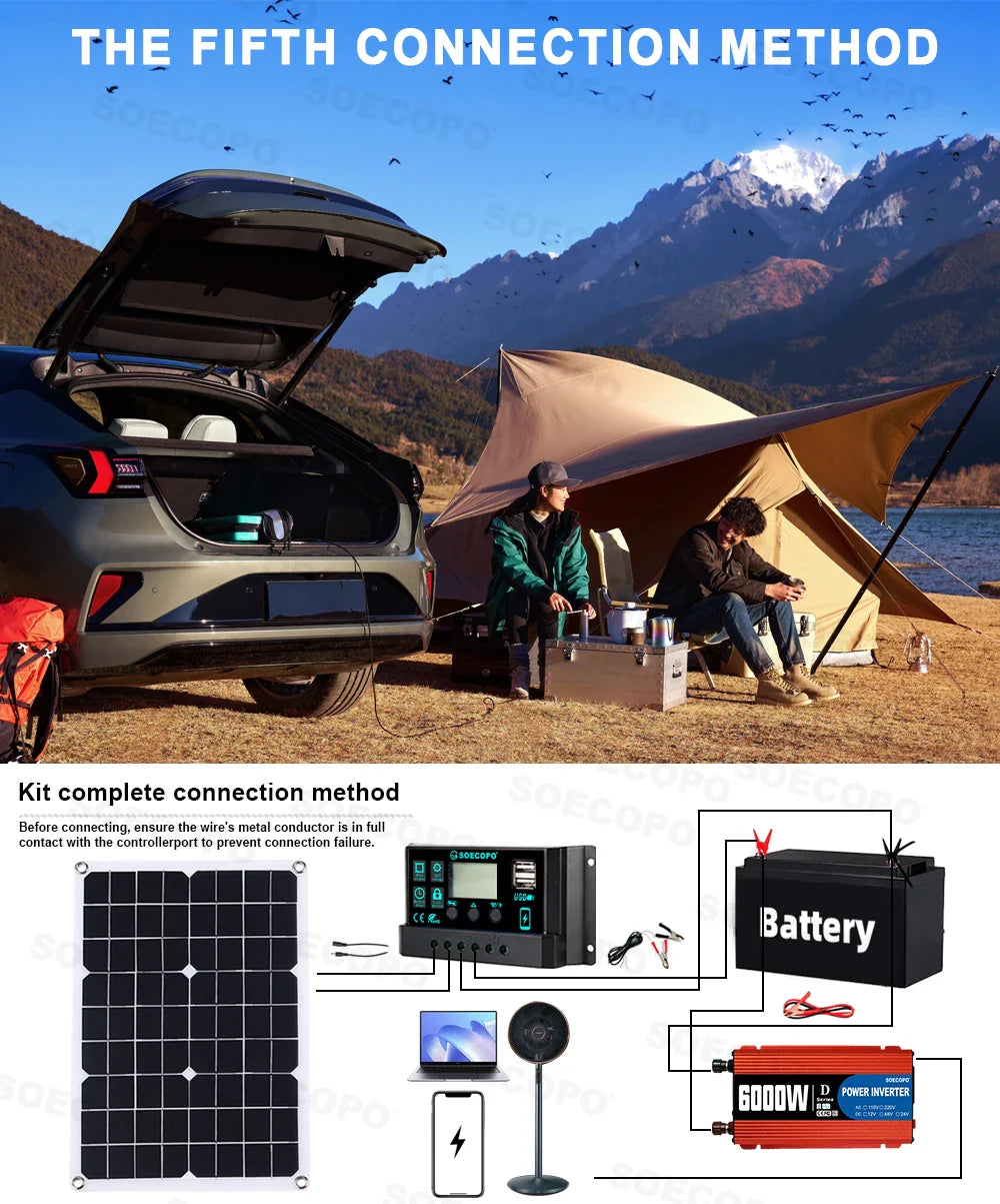SOECOPO 6000W System Complete Kit 500W Panel Solar DC 12V to AC 110V/220V Inverter 100A Controller Off-Grid for Home Camping
