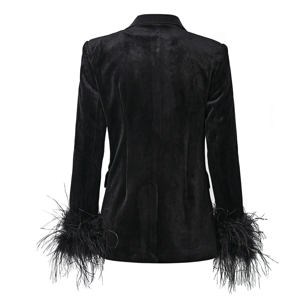 Women Velvet Fluffy Feather Patchwork Jacket Blazer