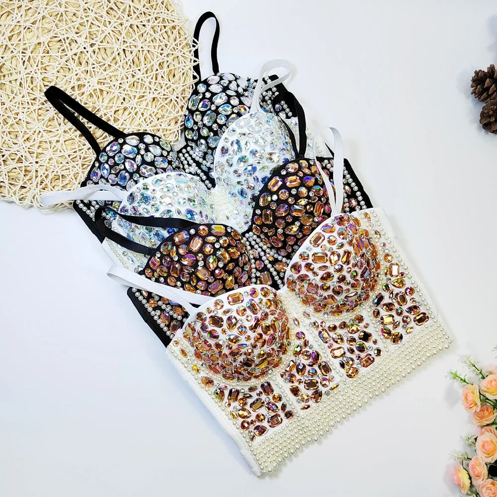 Women Rhinestone Diamond Tank Top Push Up Bustier Camisole Sequin