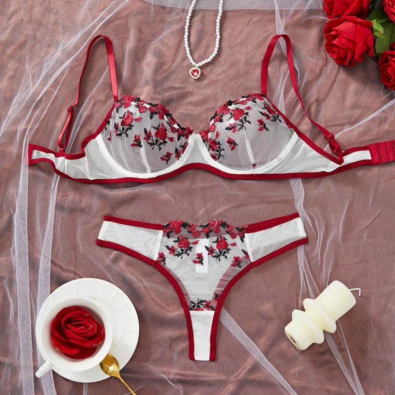 Women's Sexy Transparent Underwear Brasserie Sets Embroidered Flowers