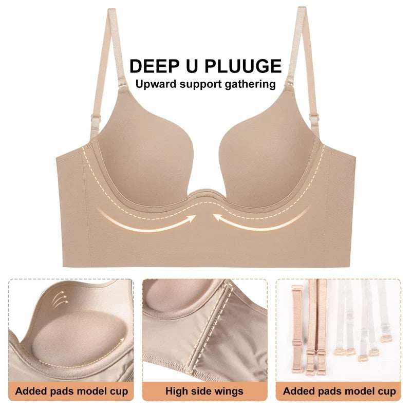 Women Sexy Invisible Bra with Transparent Strap Deep U Plunge Bras Backless