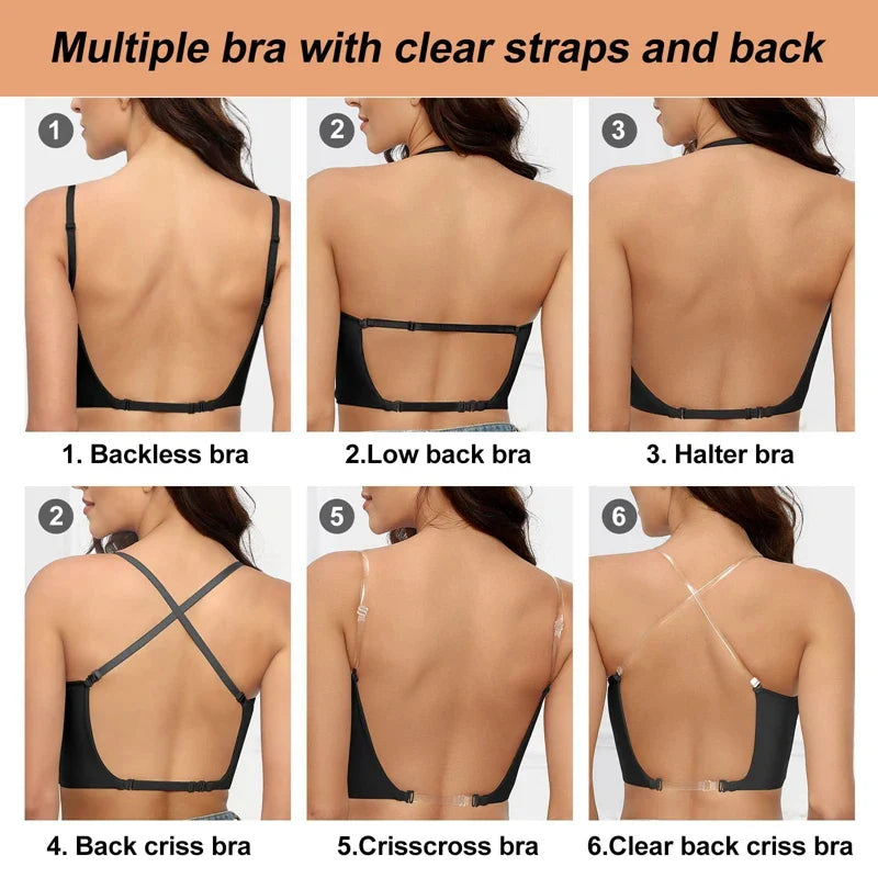 Women Sexy Invisible Bra with Transparent Strap Deep U Plunge Bras Backless