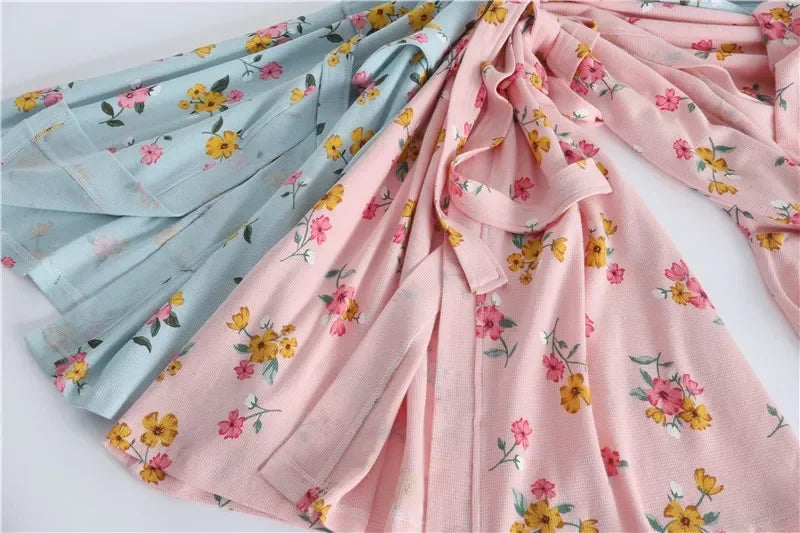Spring and Autumn Cotton Waffle Kimono Bathrobe
