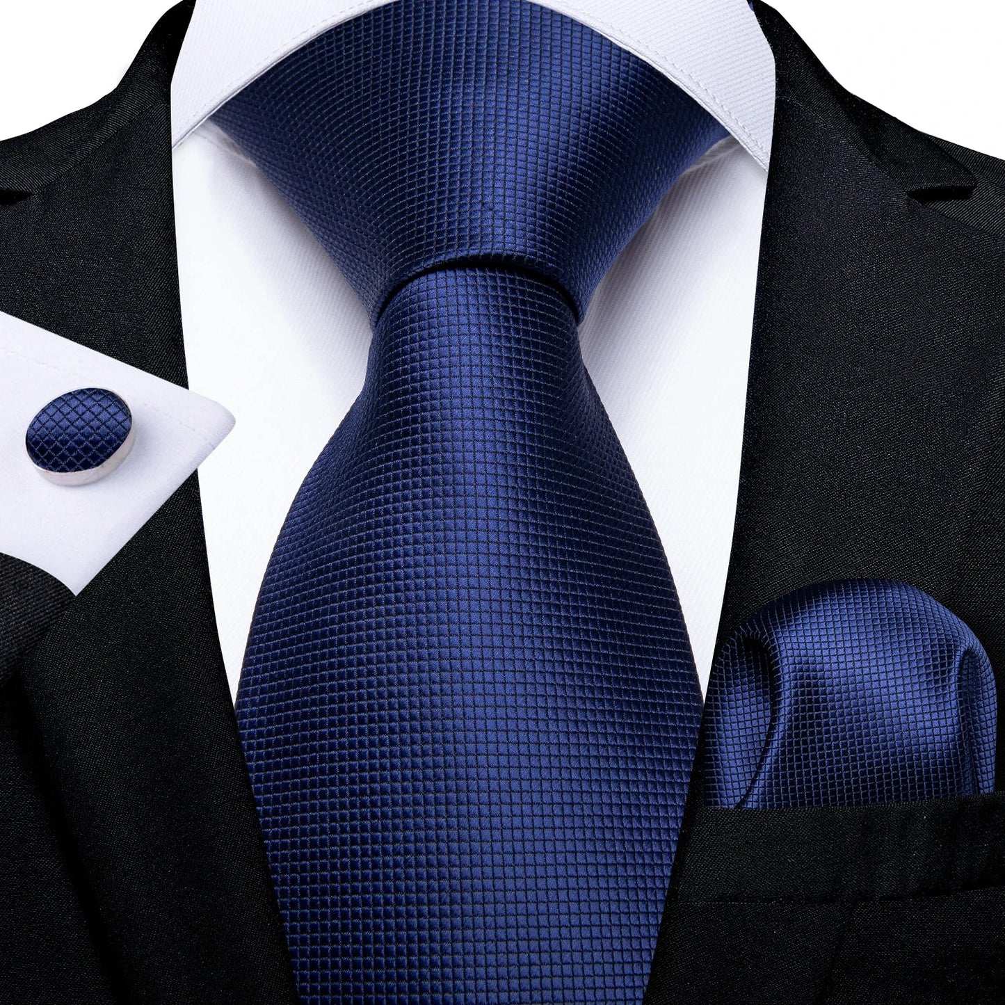 New Classic 100% Silk Men's Ties 8cm Blue Plaid Dot Striped Business Necktie Handkerchief Wedding Party Tie Set
