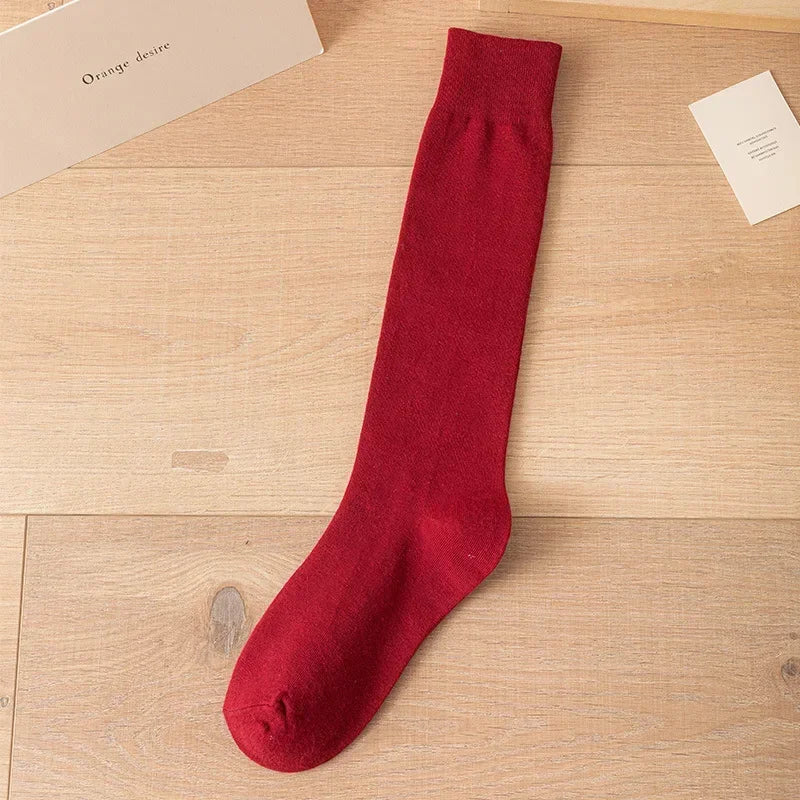 Women's Soft Cotton Knee High Long Socks Black White Solid Calf