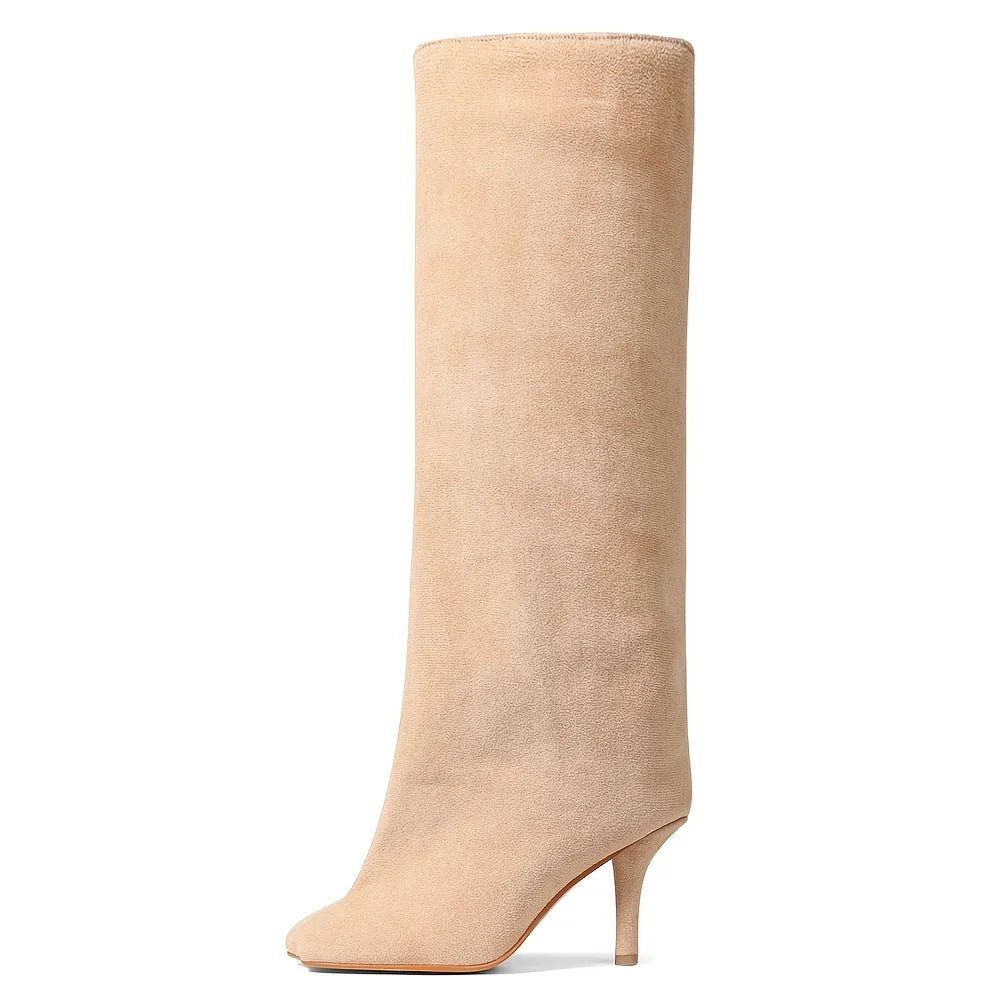 Women's Suede Knee High Boots Fashion Square Toe Stiletto Thin High Heels Pull On