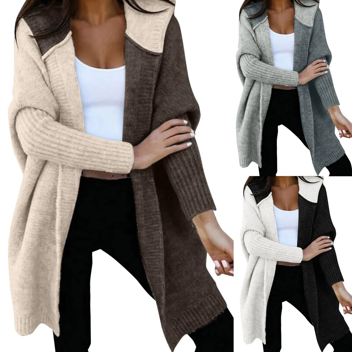 Women's Loose Hooded Sweater Coat Front Open Long Sleeve Patchwork Color Block