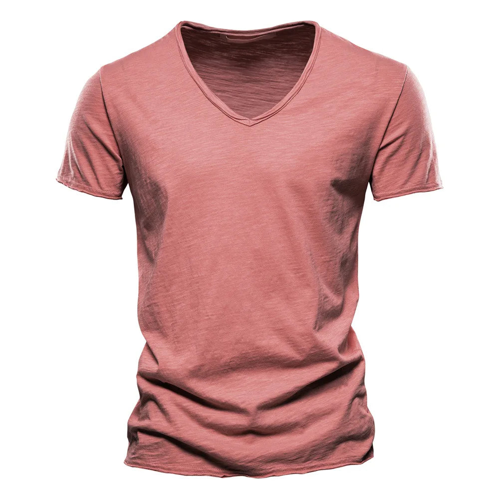 S-5XL 100% Cotton Men's T-Shirts Fashion Design V-neck Casual Slim Fit