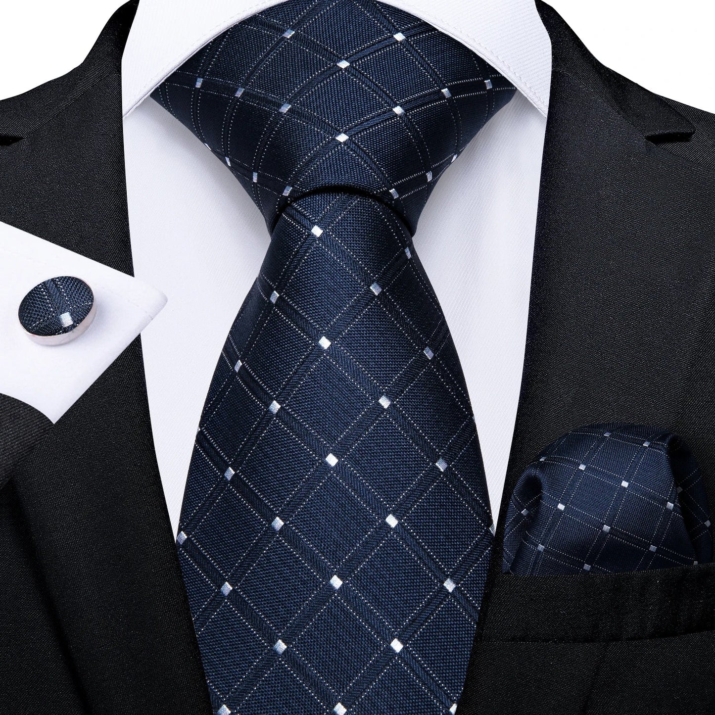 New Classic 100% Silk Men's Ties 8cm Blue Plaid Dot Striped Business Necktie Handkerchief Wedding Party Tie Set