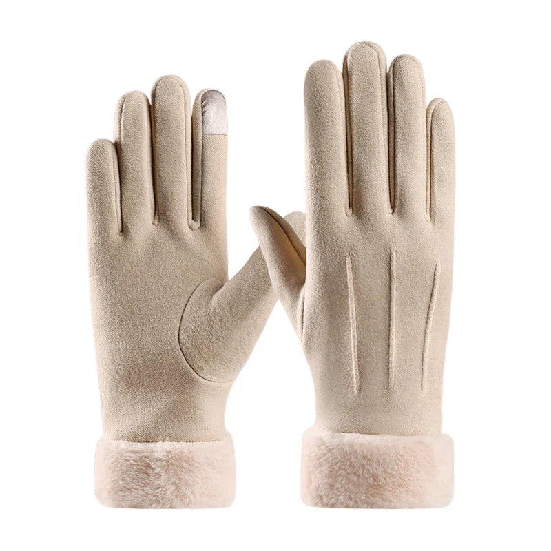 Women Winter Warm Suede Gloves Plus Velvet Thickened Cuff Outdoor Coldproof Touchscreen Riding Ski Gloves