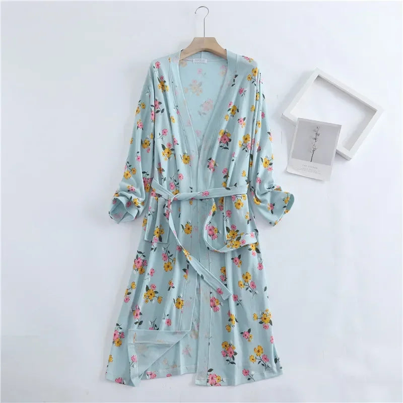 Spring and Autumn Cotton Waffle Kimono Bathrobe